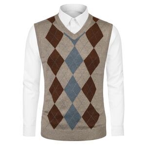 Casual Argyle Vest Sweater V Neck Slim Fit Sleeveless Knit Pullover Beige